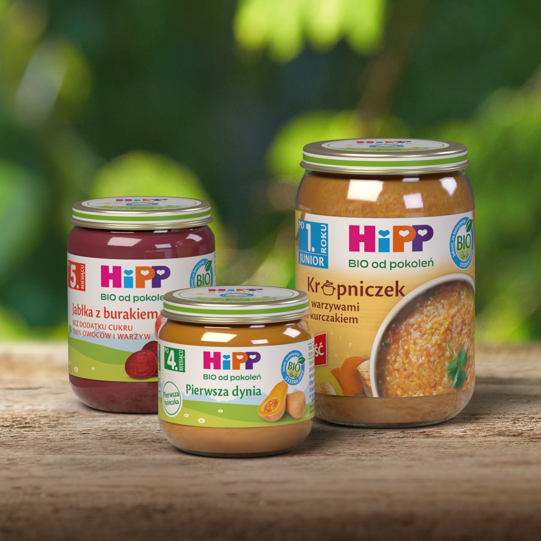 3D packshoty opakowań nowości żywności dla niemowląt HIPP Baby Bio. Wizualizacje produktów z rolnictwa ekologicznego i rolnictwa bio.