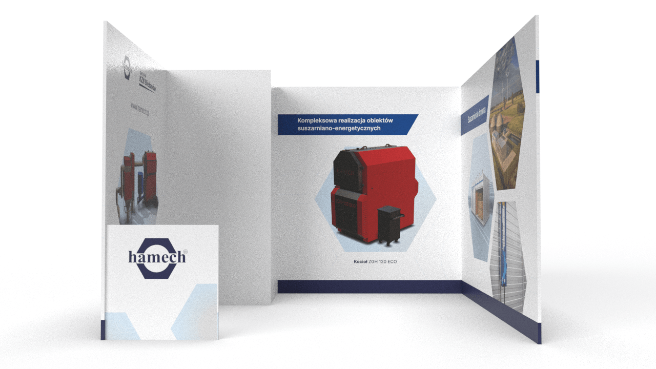 Trade fair stand for KZN Biezanow Hamech: Design by an advertising agency for the TSL (Transport, Spedition, Logistics) industry.