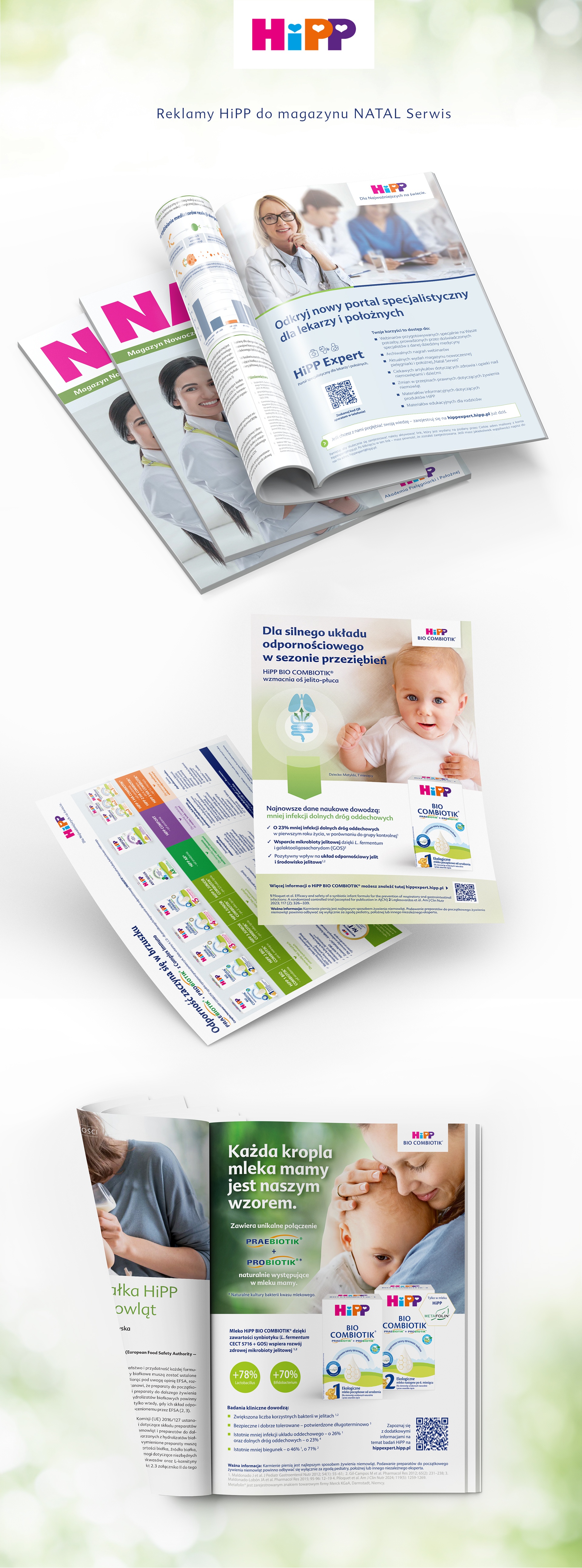 Advertising campaign for HiPP baby milk in the industry magazine 'Nowoczesna Położna', highlighting origin from organic agriculture.