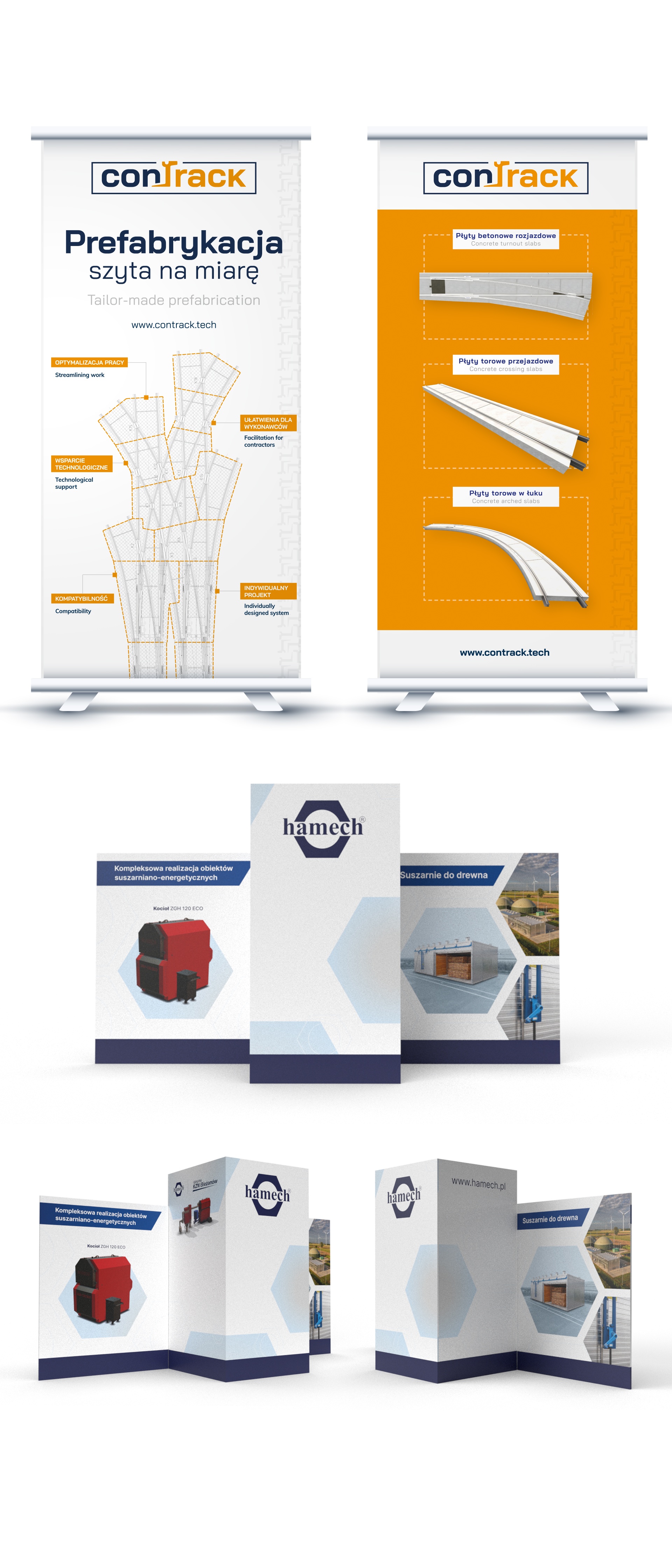 Visual identity of a trade show booth for Grupa KZN Bieżanów, a leader in transport infrastructure and logistics solutions.