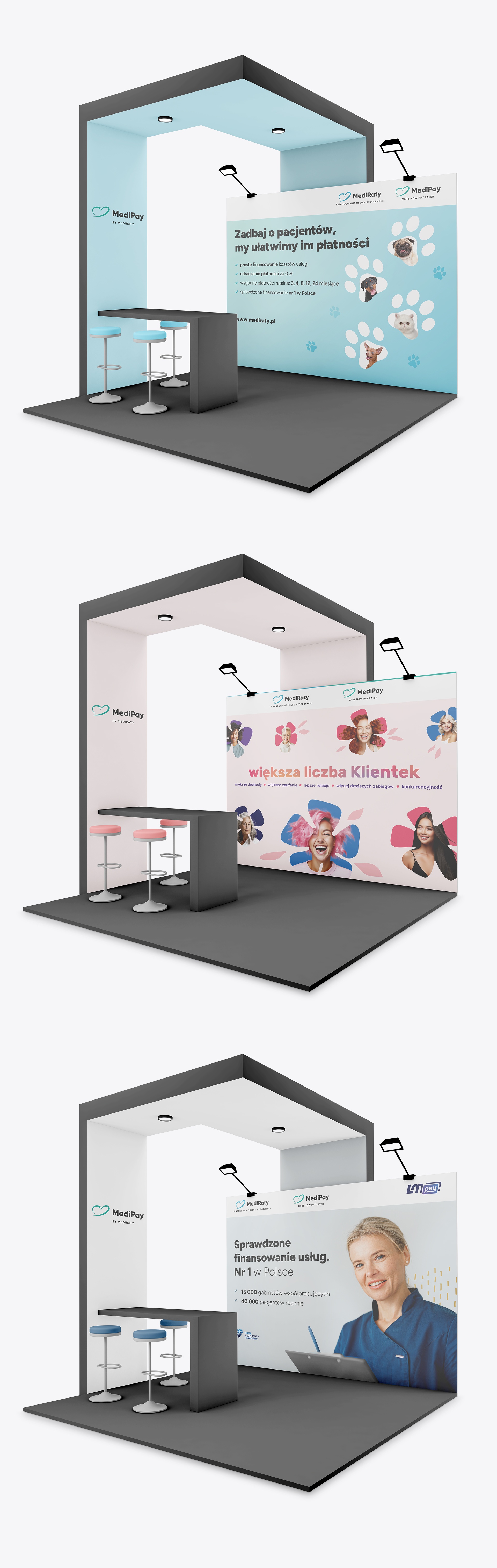 Trade show booth design for MediRaty and MediPay, presenting innovative financial solutions in the medical services industry.