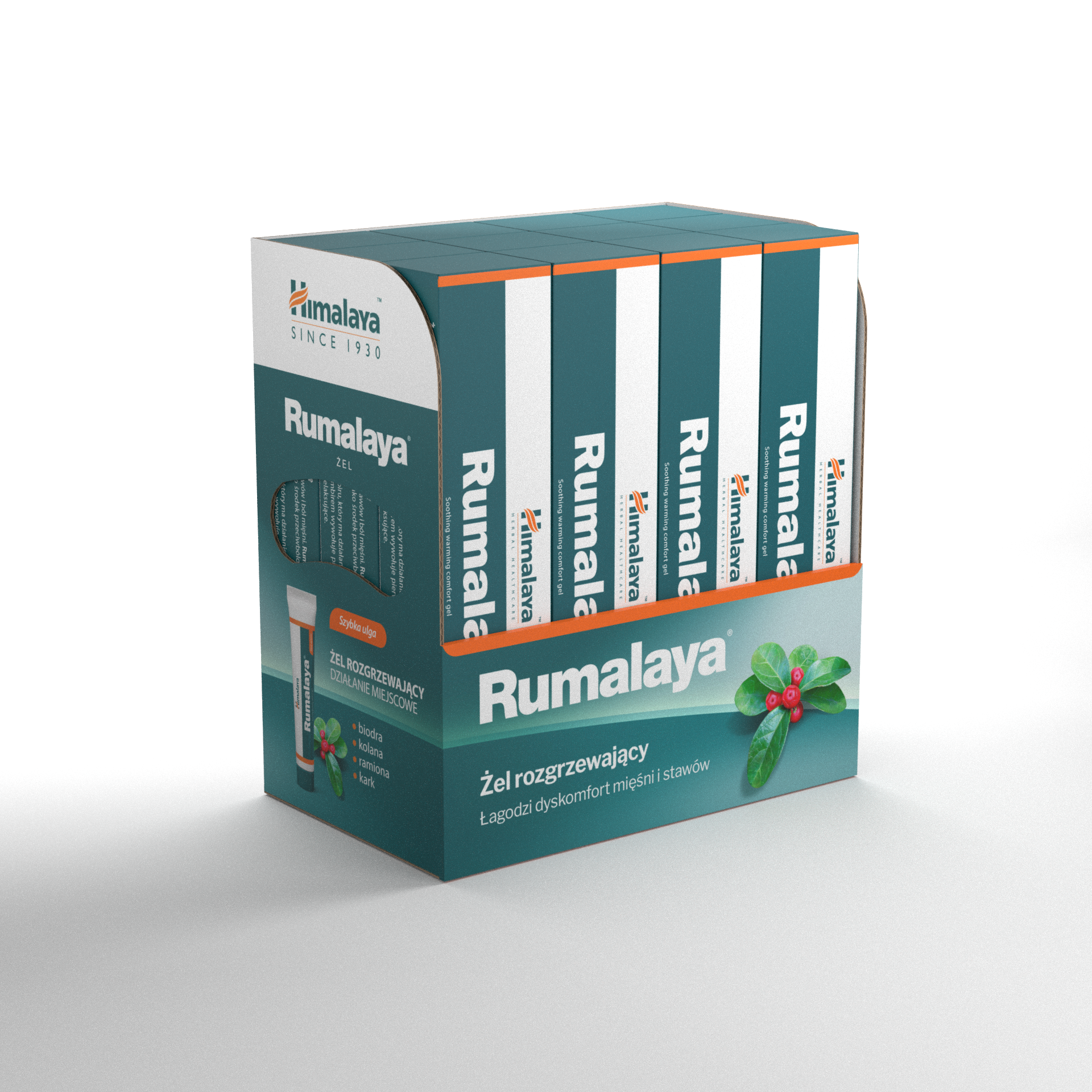 Render packshotu opakowania żelu Rumalaya Himalaya (żel rozgrzewający). Grafika do promocji w aptece na ból stawów i mięśni.