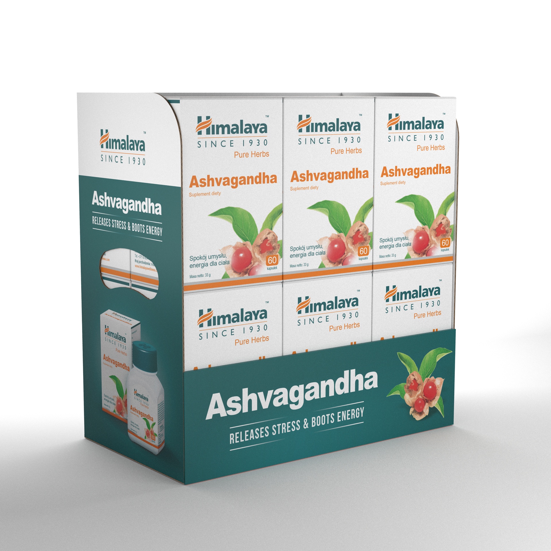 Render of packaging and stocked cardboard display for Ashwagandha Himalaya product, for exposure in Rossmann and Biedronka stores, from the beauty and cosmetic industry.