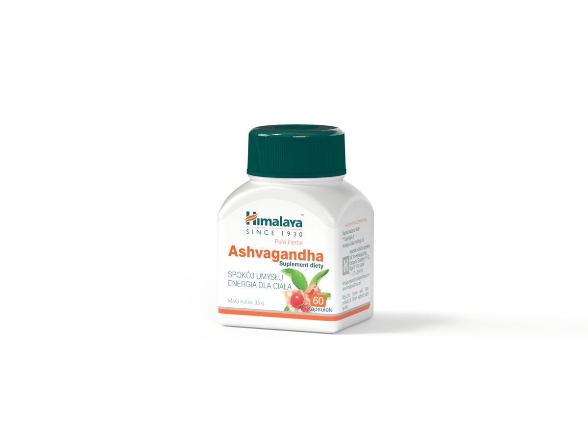 Render packshot of packaging for Ashwagandha Himalaya dietary supplement. Graphic for use in an online store (e-commerce).