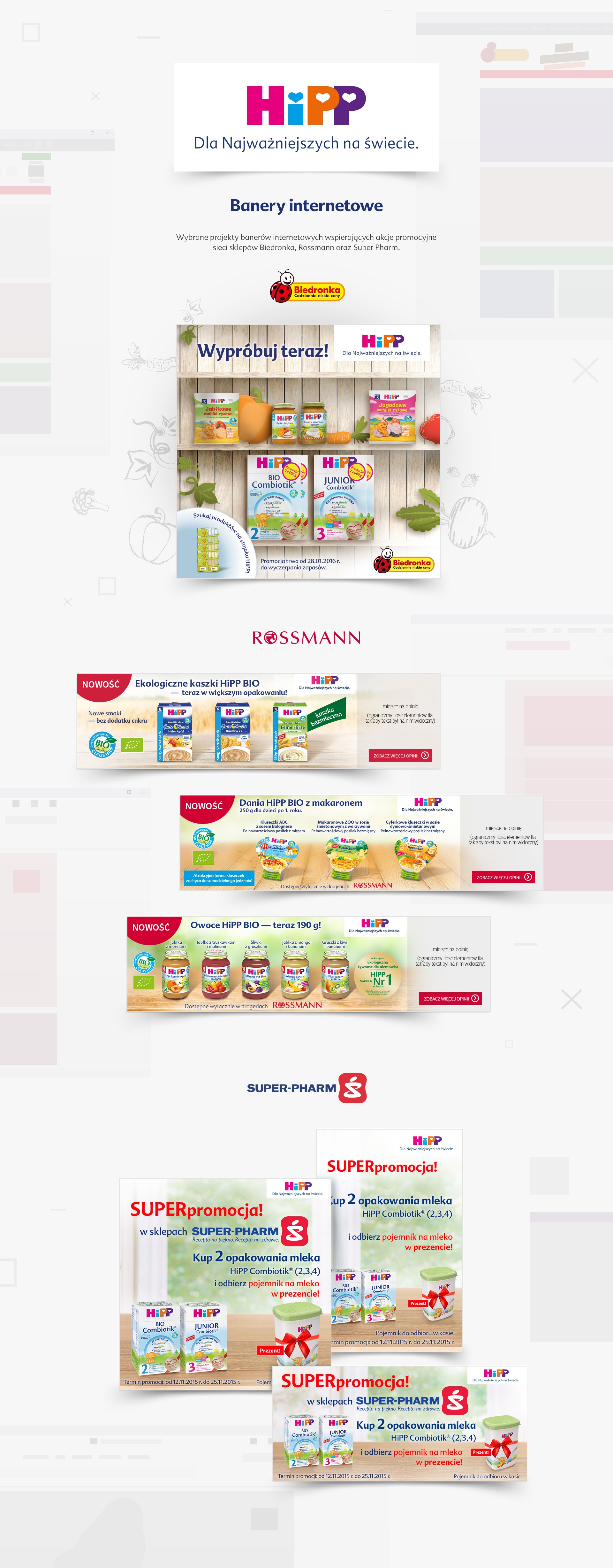 Alt: Tworzenie grafik reklamowych dla promocji HiPP w Biedronce i Super-Pharm. Wizualizacje dla akcji w punktach sprzedaży.